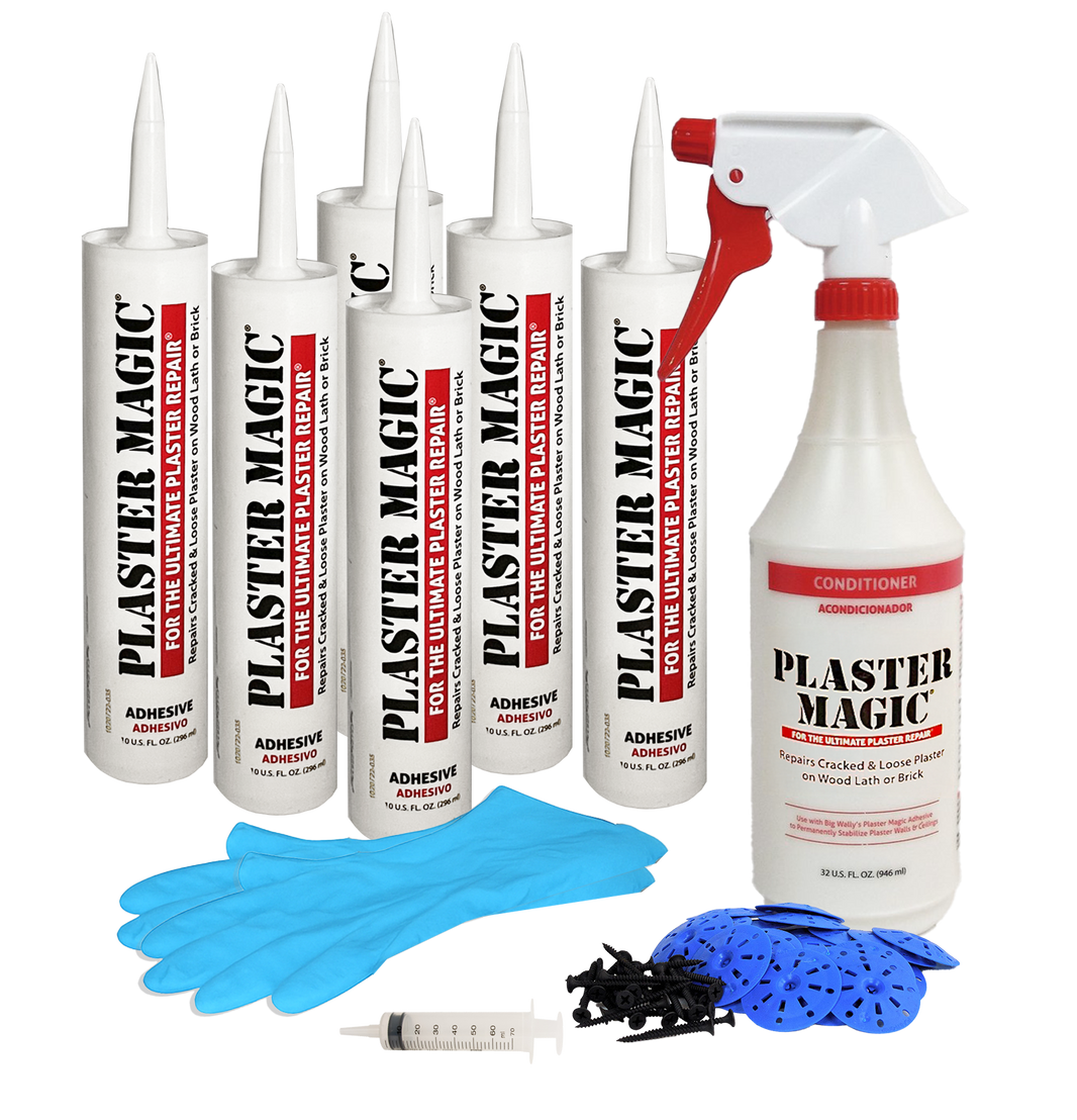 Plaster Magic repair kit with various bottles, a spray bottle, gloves, and tools on a white background.