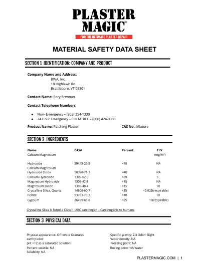 Plaster Magic® Material Safety Data Sheet - Patching Plaster