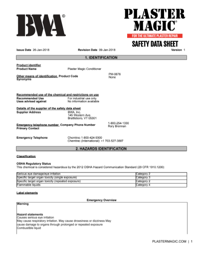 Plaster Magic® Conditioner Safety Data Sheet