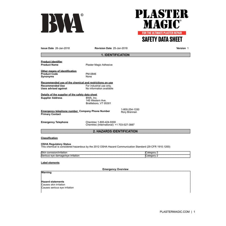 Plaster Magic® Adhesive Safety Data Sheet