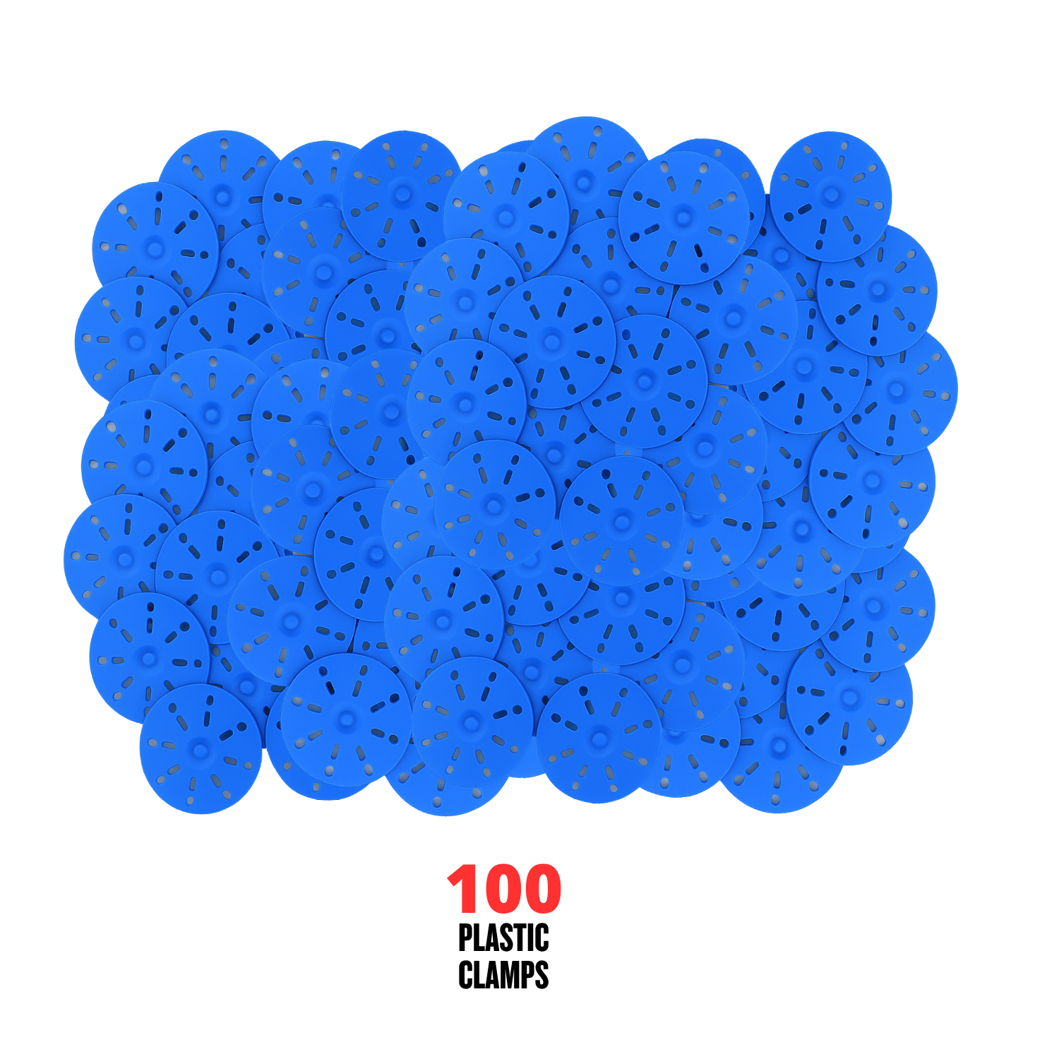 Packaging of blue plastic clamps with '100 Plastic Clamps' text on a white background