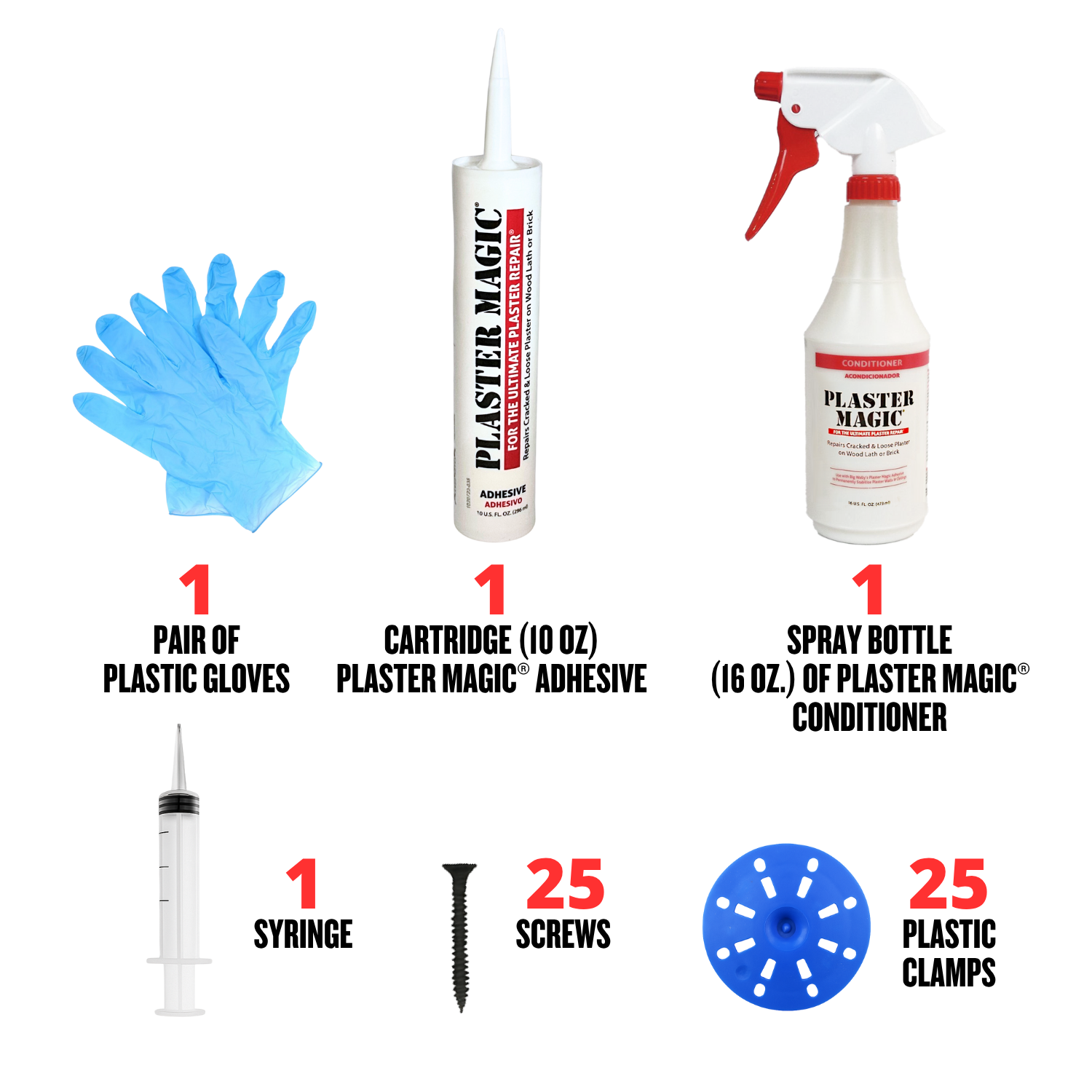 Set of Plaster Magic products including gloves, adhesive, conditioner, syringe, screws, and clamps on a white background.