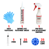 Set of Plaster Magic products including gloves, adhesive, conditioner, syringe, screws, and clamps on a white background.