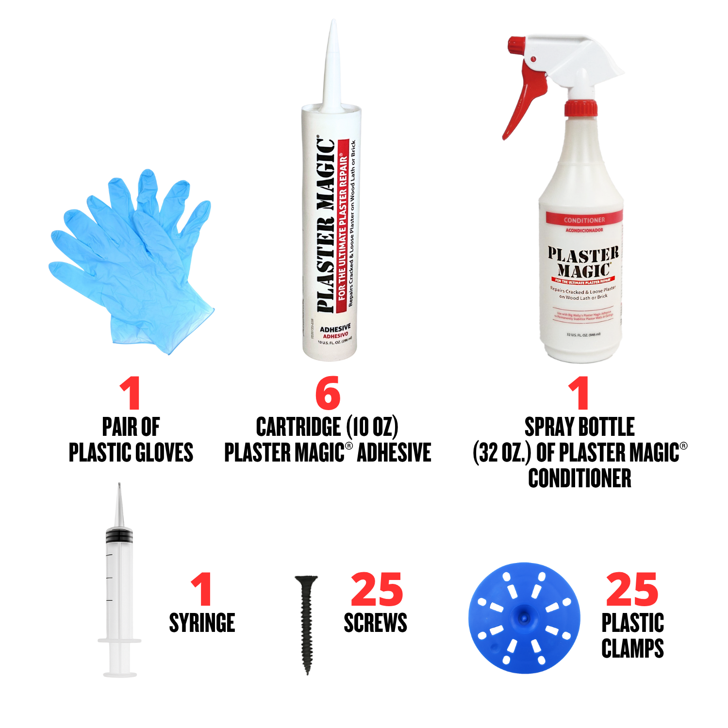 Set of Plaster Magic products including gloves, adhesive, conditioner, syringe, screws, and clamps on a white background.