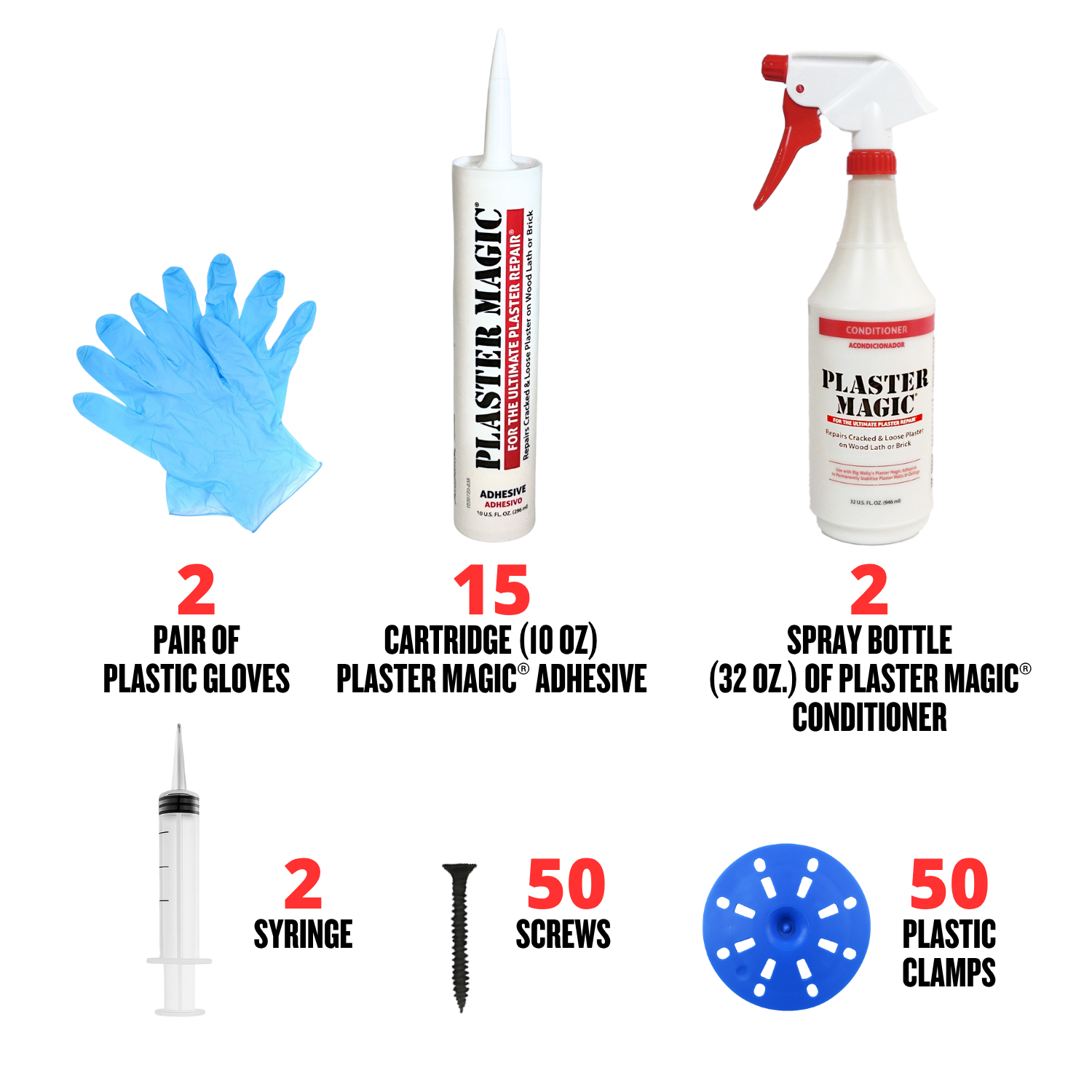 Set of Plaster Magic products including gloves, adhesive, conditioner, syringes, screws, and clamps on a white background.