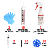 Set of Plaster Magic products including gloves, adhesive, conditioner, syringes, screws, and clamps on a white background.