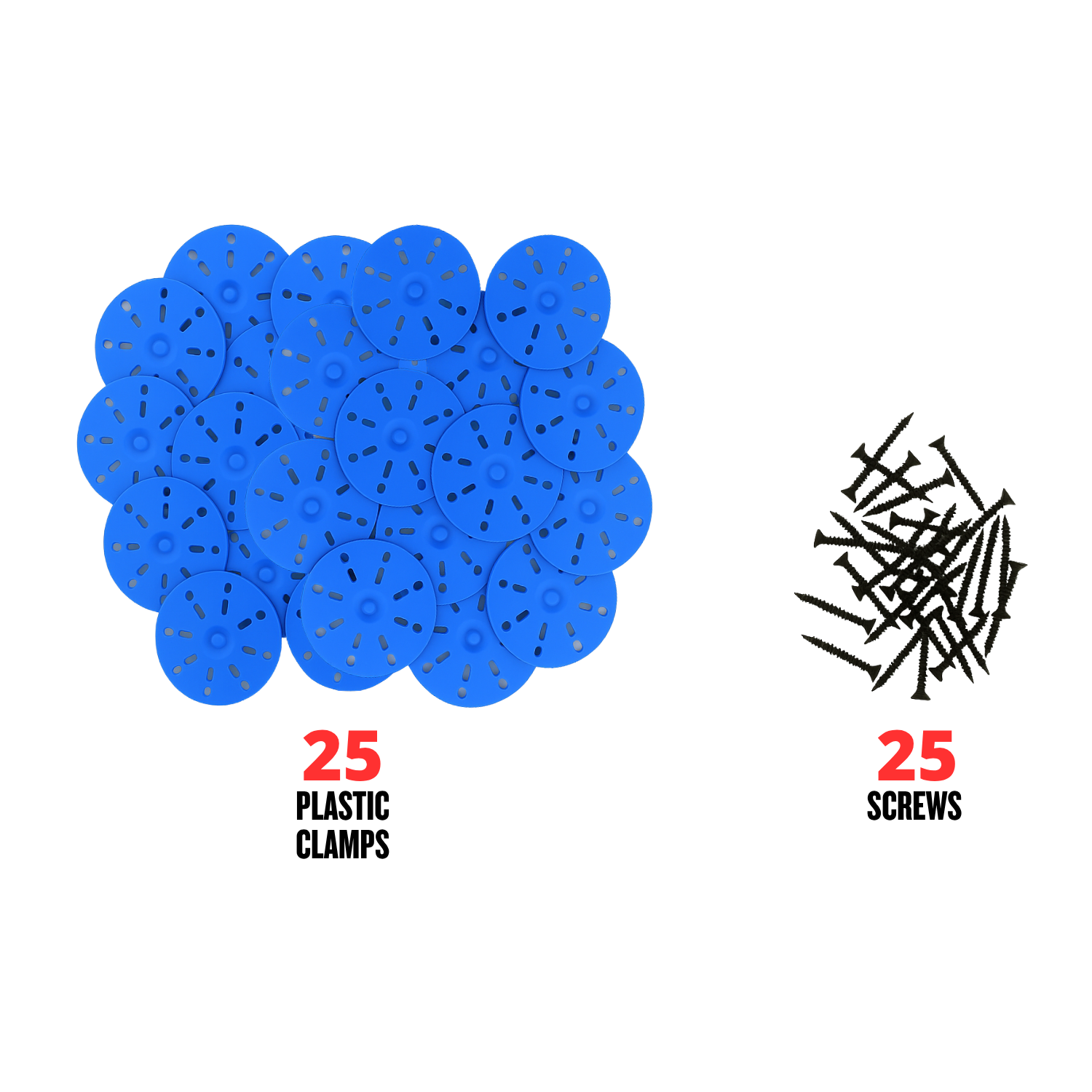 Comparison of 25 plastic clamps and 25 screws on a white background