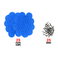 Comparison of 25 plastic clamps and 25 screws on a white background