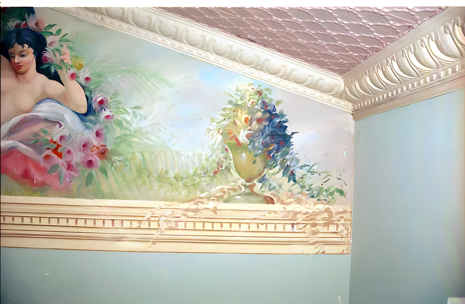 Decorative ceiling with a mural of a woman and flowers