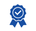 Blue ribbon with a white check mark on a white background