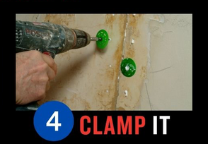 Person using a drill to secure green circular objects with text '4 Clamp It' on a textured wall.