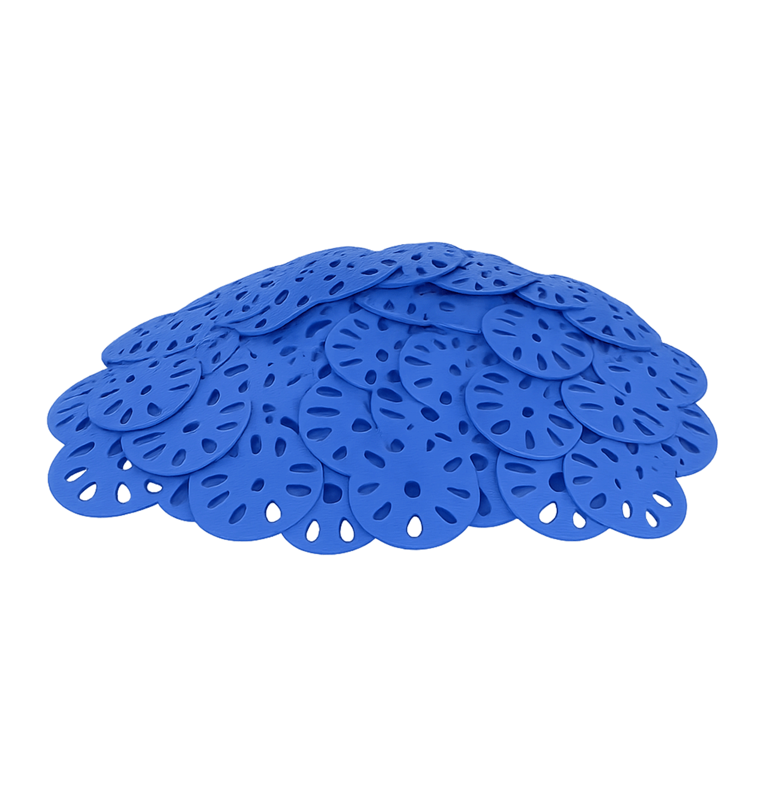 Blue silicone coasters with cut-out designs on a white background