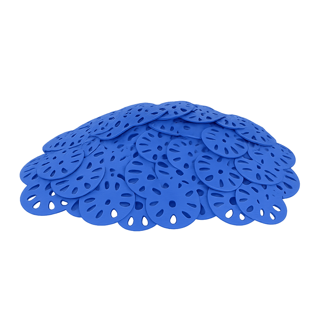 Blue silicone coasters with cut-out designs on a white background