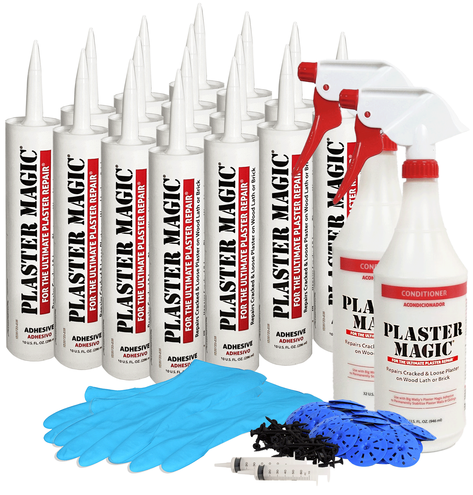 Plaster Magic repair kit with adhesive tubes, bottles, gloves, and tools on a white background