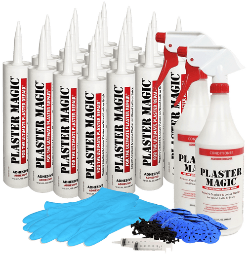 Plaster Magic repair kit with adhesive tubes, bottles, gloves, and tools on a white background