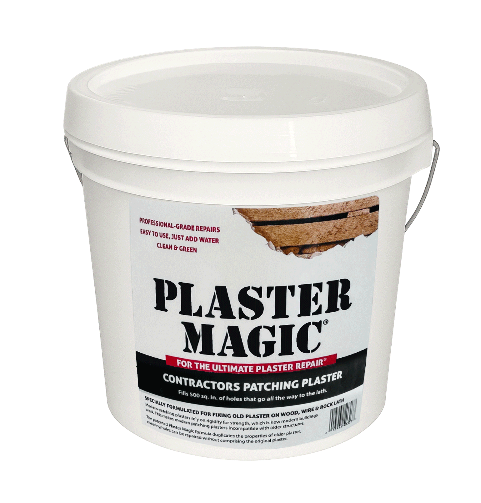Plaster Magic plaster repair product in a white bucket with a label on a white background