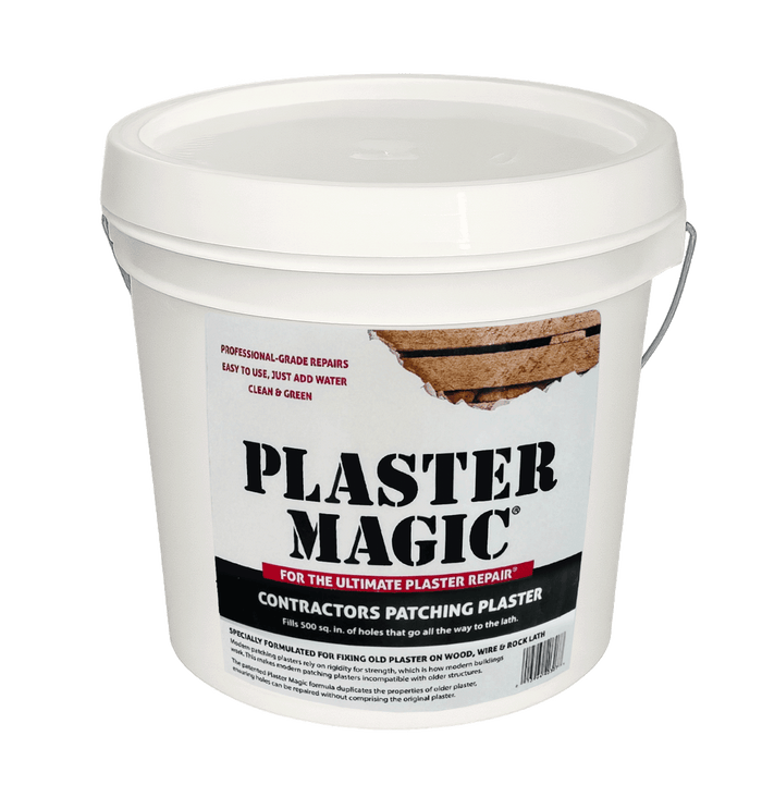 Plaster Magic plaster repair product in a white bucket with a label on a white background
