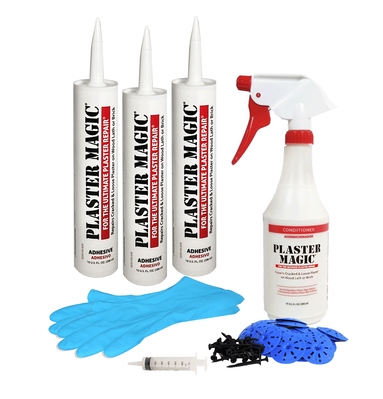 Plaster Magic repair kit with adhesive, spray bottle, gloves, and tools on a white background