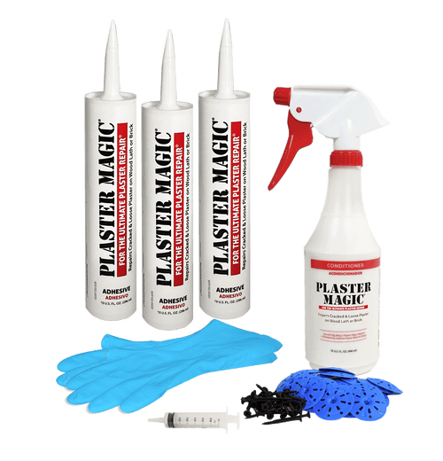 Plaster Magic repair kit with adhesive, spray bottle, gloves, and tools on a white background