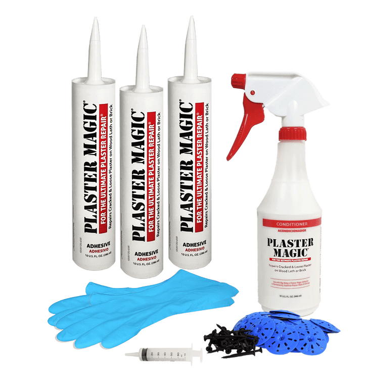 Plaster Magic repair kit with adhesive, spray bottle, gloves, and tools on a white background
