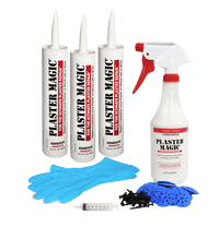 Plaster Magic repair kit with adhesive, spray bottle, gloves, and tools on a white background