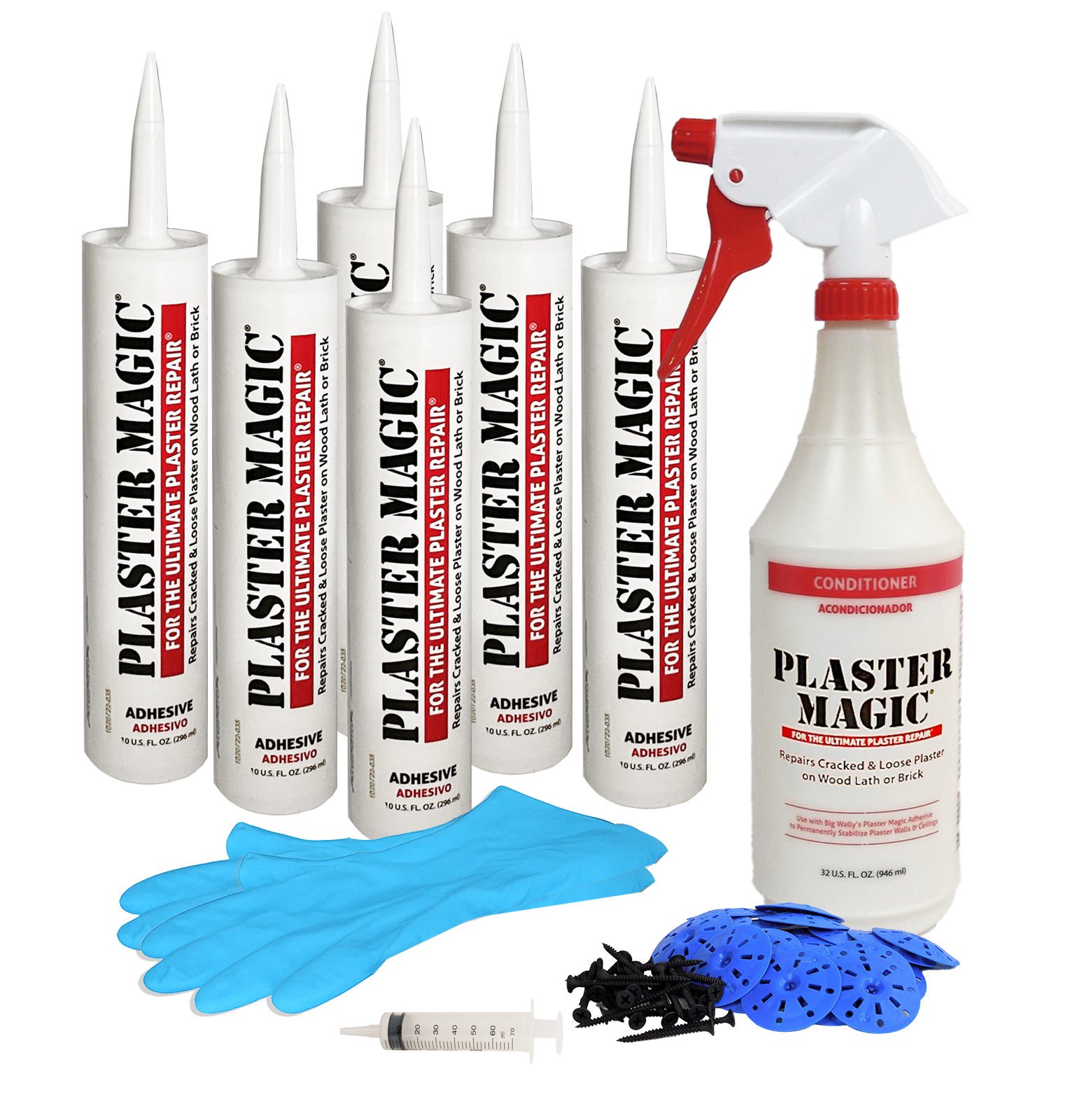 Plaster Magic repair kit with various bottles, a spray bottle, gloves, and tools on a white background.