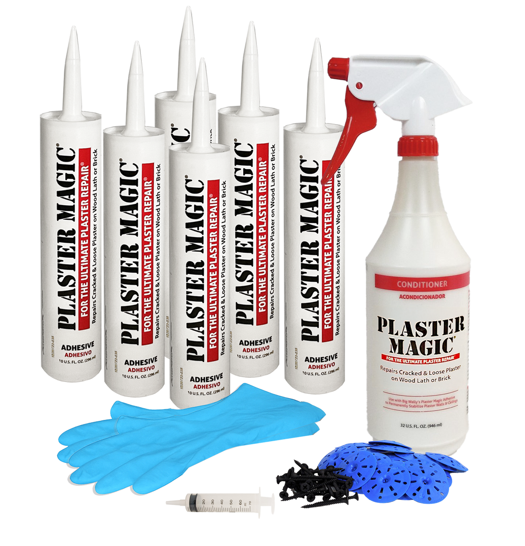 Plaster Magic repair kit with various bottles, a spray bottle, gloves, and tools on a white background.