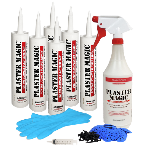 Plaster Magic repair kit with various bottles, a spray bottle, gloves, and tools on a white background.