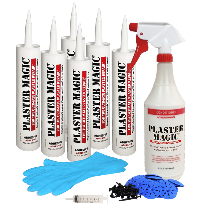 Plaster Magic repair kit with various bottles, a spray bottle, gloves, and tools on a white background.