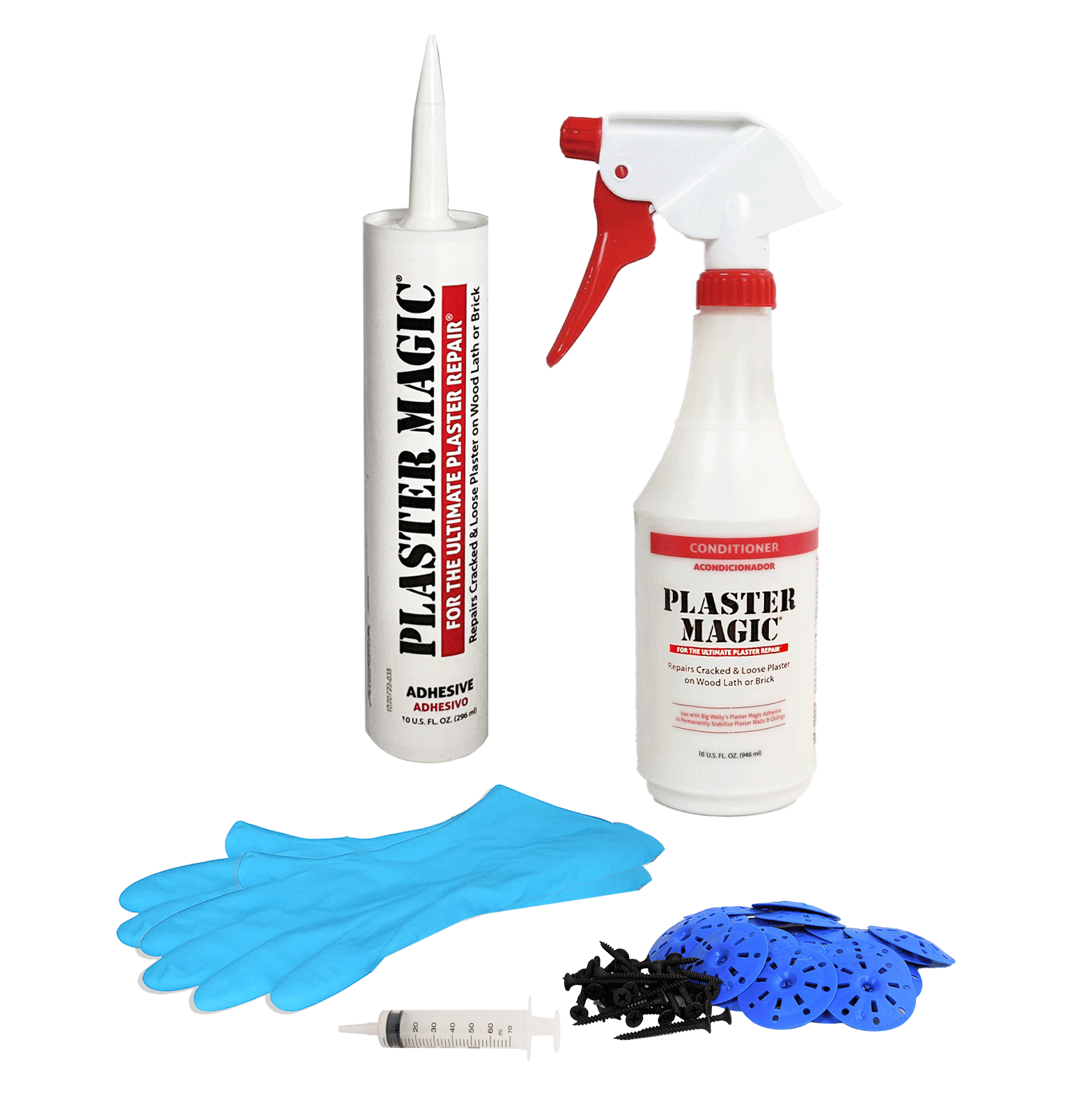 Plaster Magic repair kit with adhesive tube, spray bottle, gloves, and tools on a white background