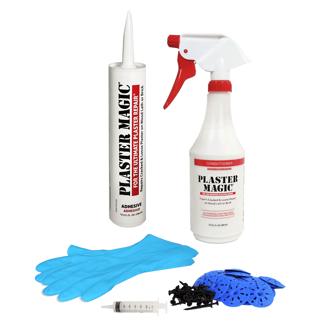 Plaster Magic repair kit with adhesive tube, spray bottle, gloves, and tools on a white background