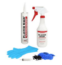 Plaster Magic repair kit with adhesive tube, spray bottle, gloves, and tools on a white background