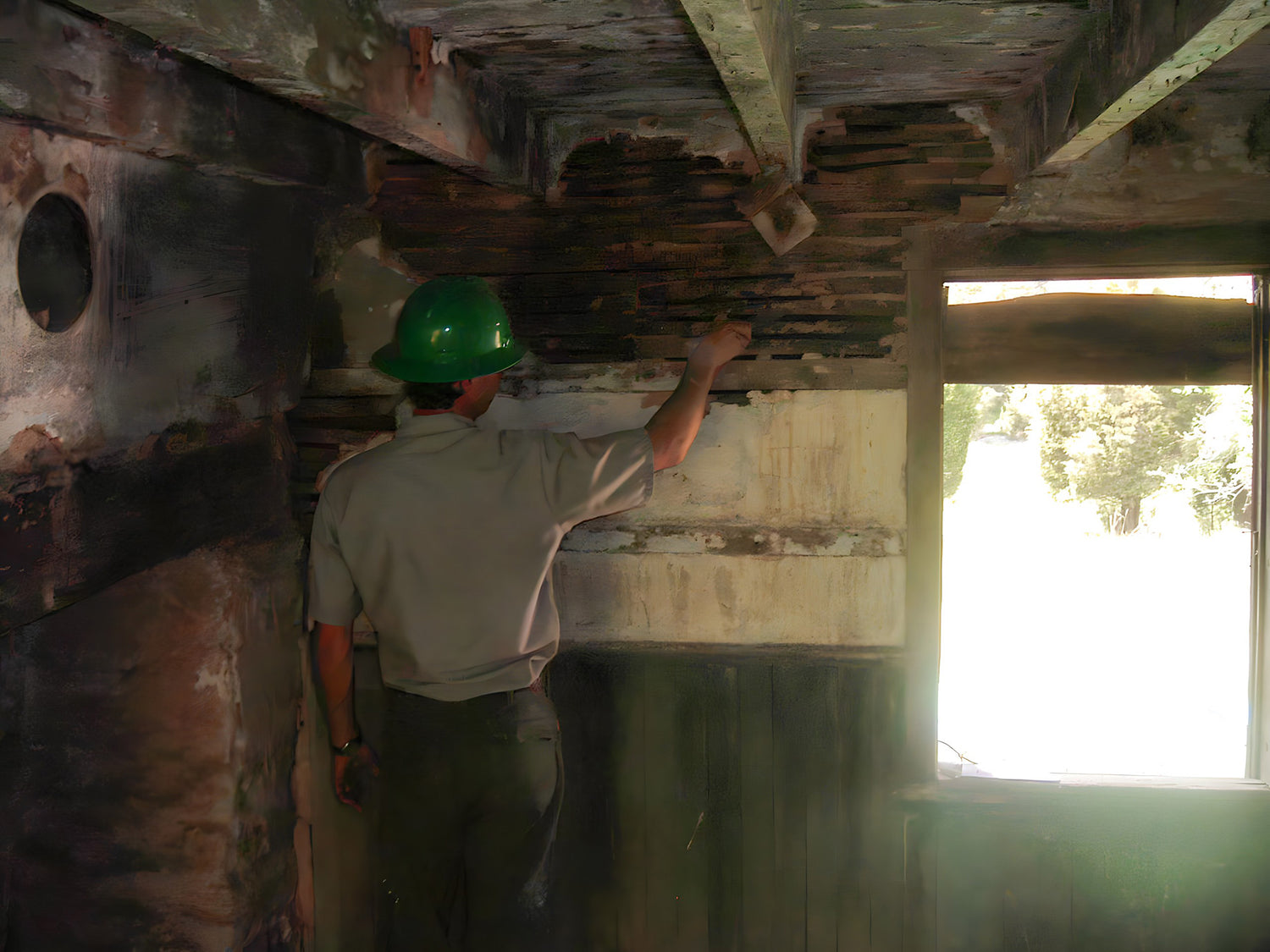 Person in a hard hat working on a rusty metal surface inside a building.