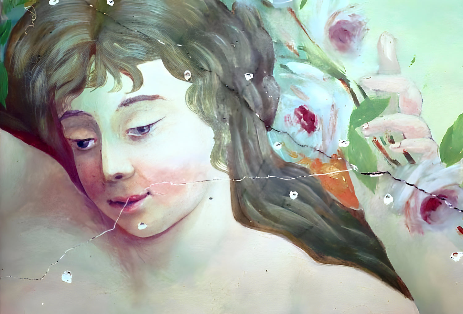 Artistic depiction of a woman's face with floral elements