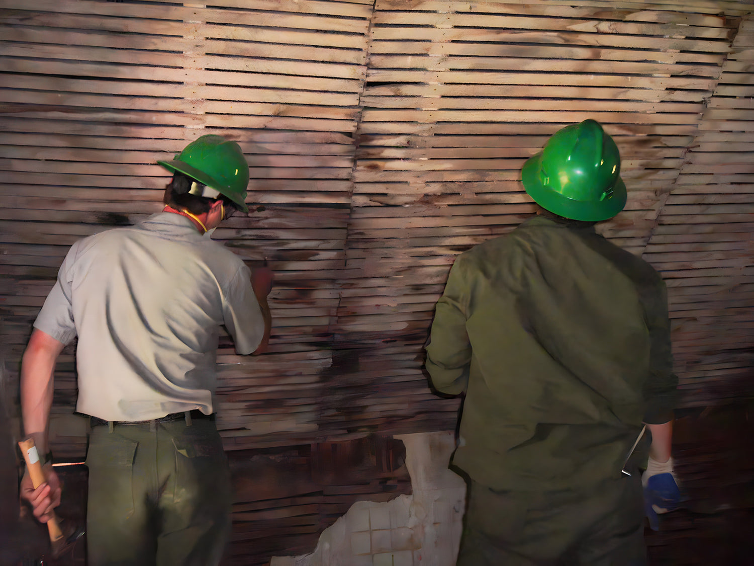 Two workers in green hard hats and uniforms applying a wooden panel to a wall.