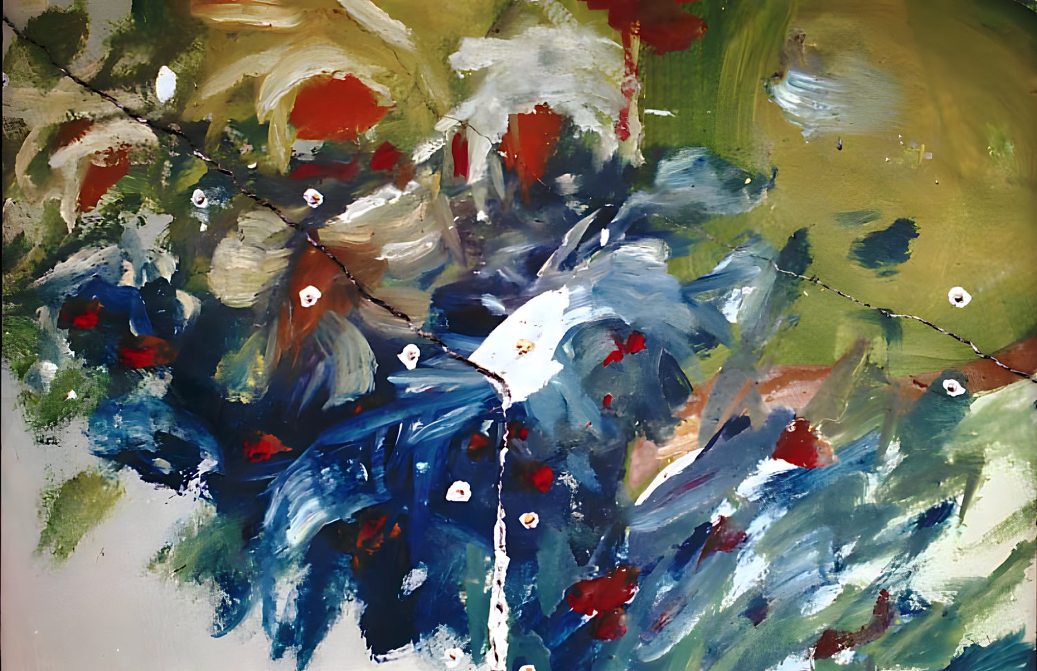 Abstract painting with a mix of blue, green, red, and white colors.