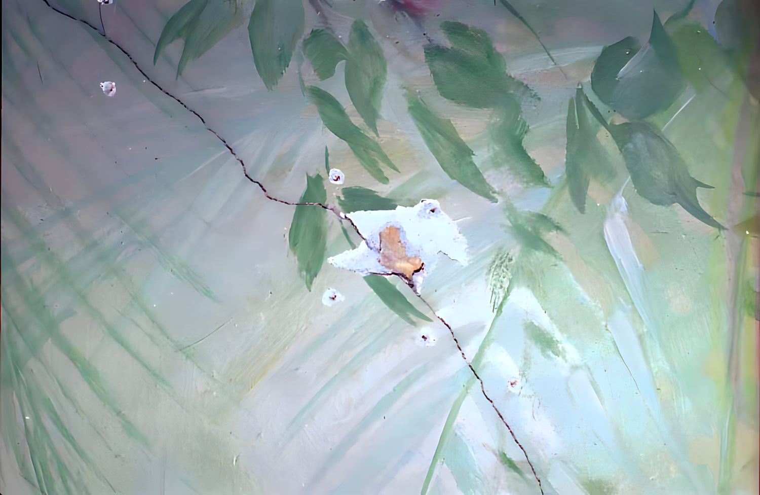 Artistic depiction of a white bird with a brown spot on a green leafy background