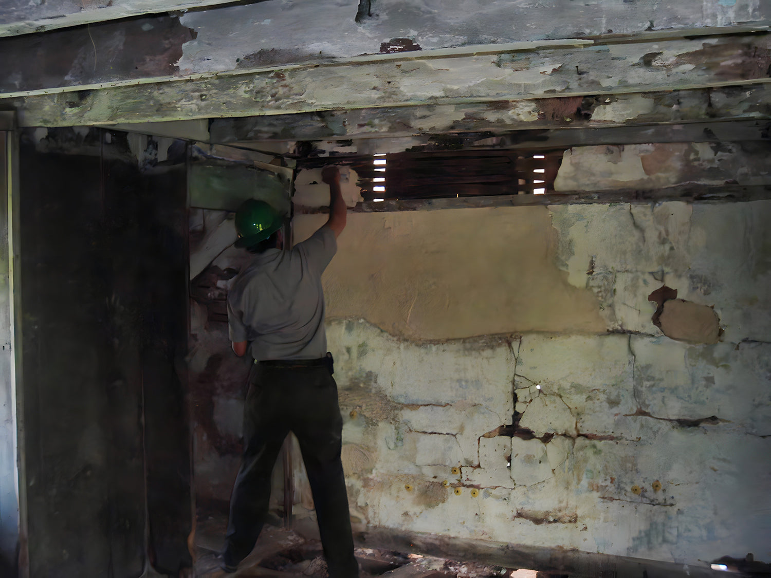 Person working on a ceiling in an old building with exposed beams and peeling paint.