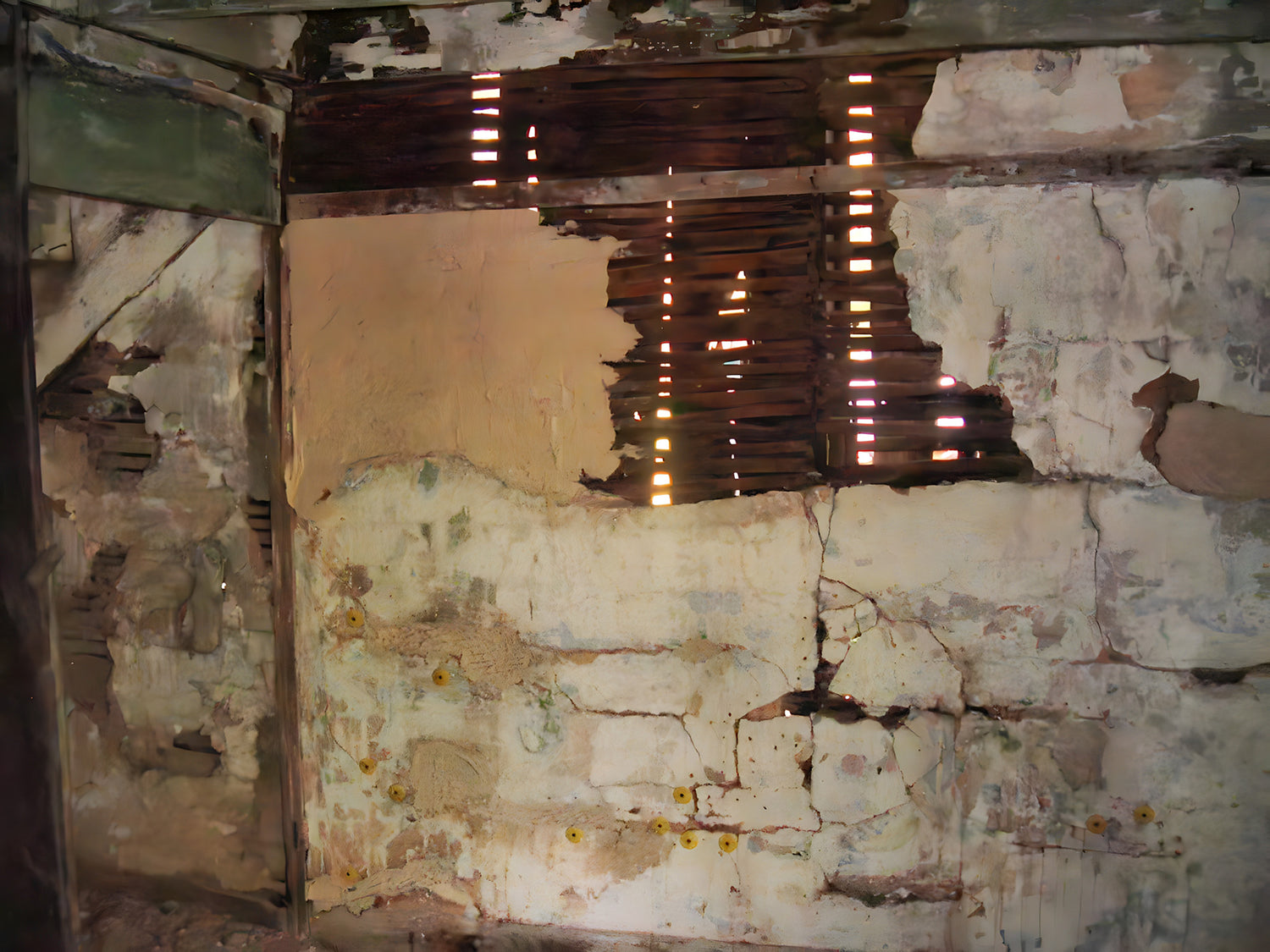 Worn and damaged wall with peeling paint and exposed structure