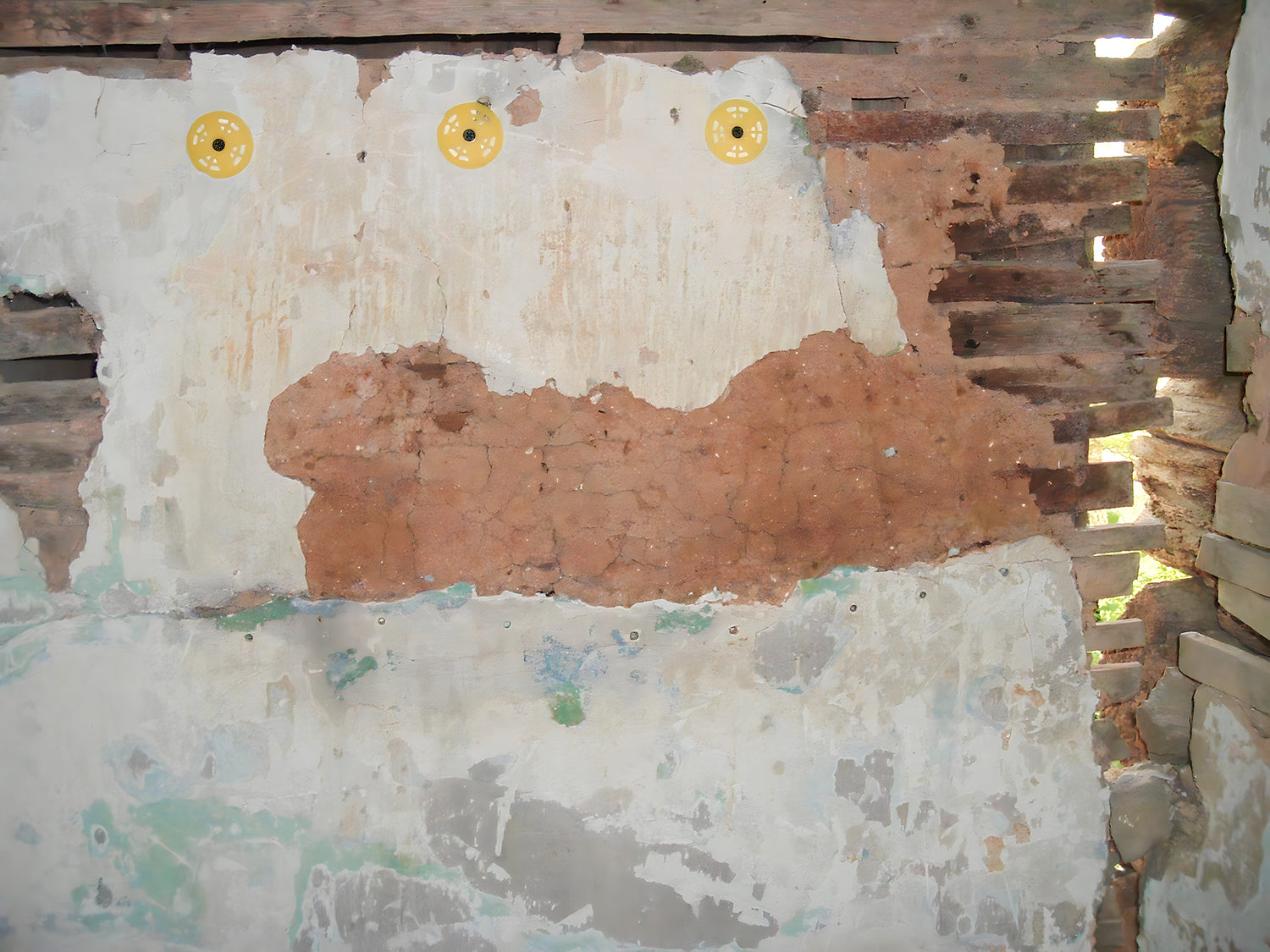 Damaged wall with peeling paint and exposed wooden structure