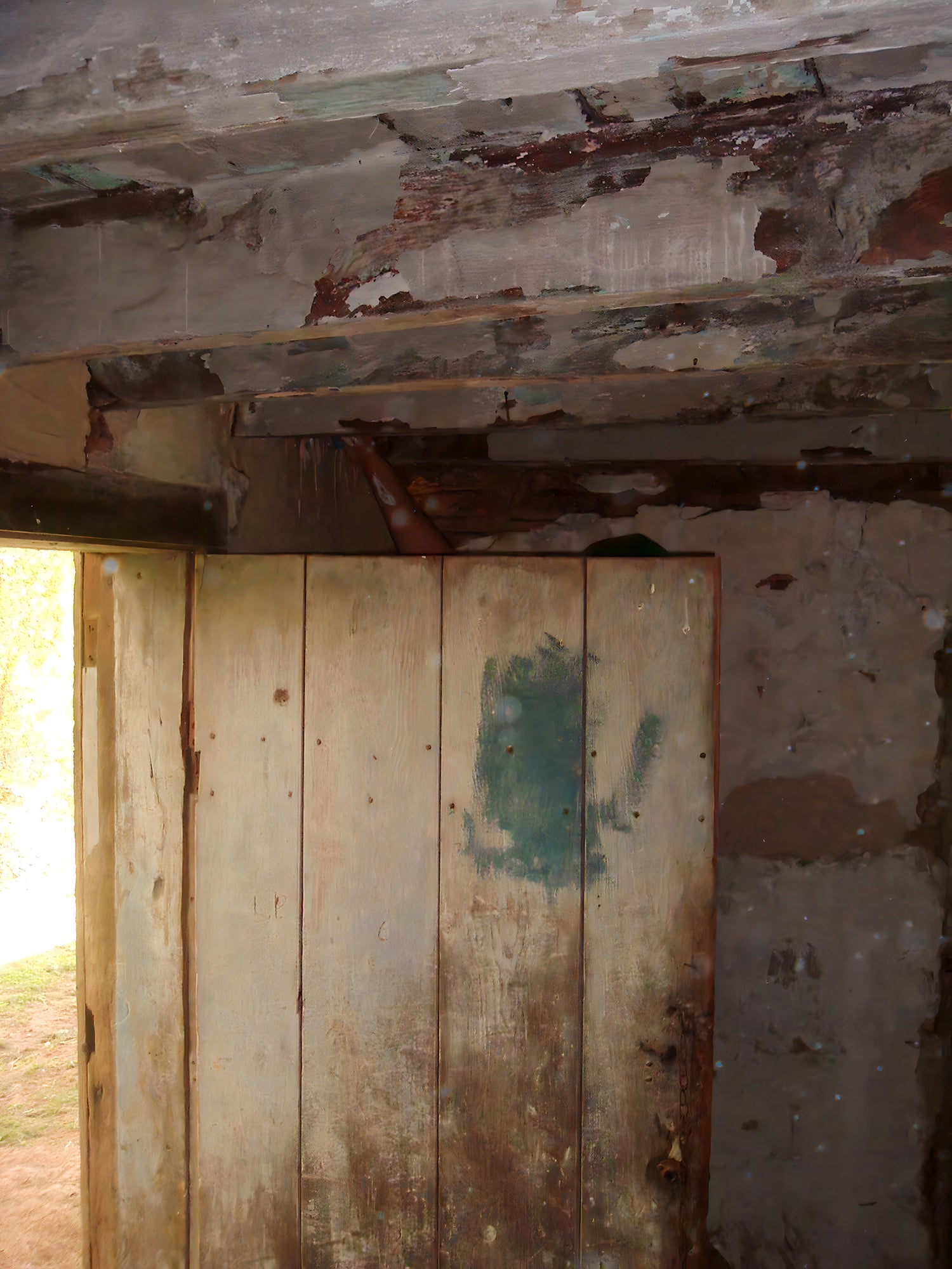 Rust and peeling paint on a metal surface with wooden paneling.