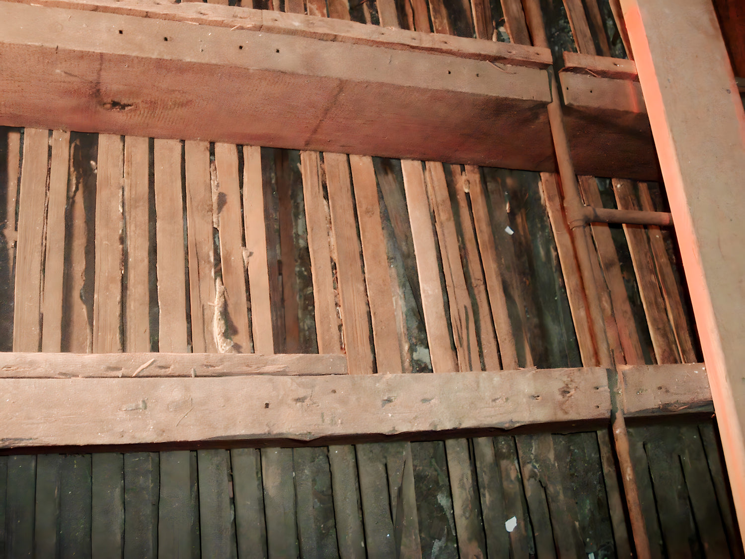 Close-up of a wooden structure with slatted design