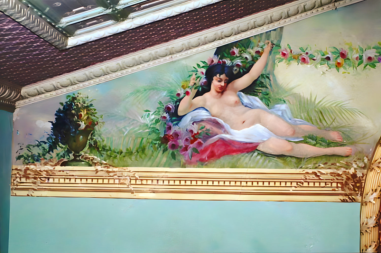 Vintage-style painting of a nude woman in a garden with flowers and foliage.