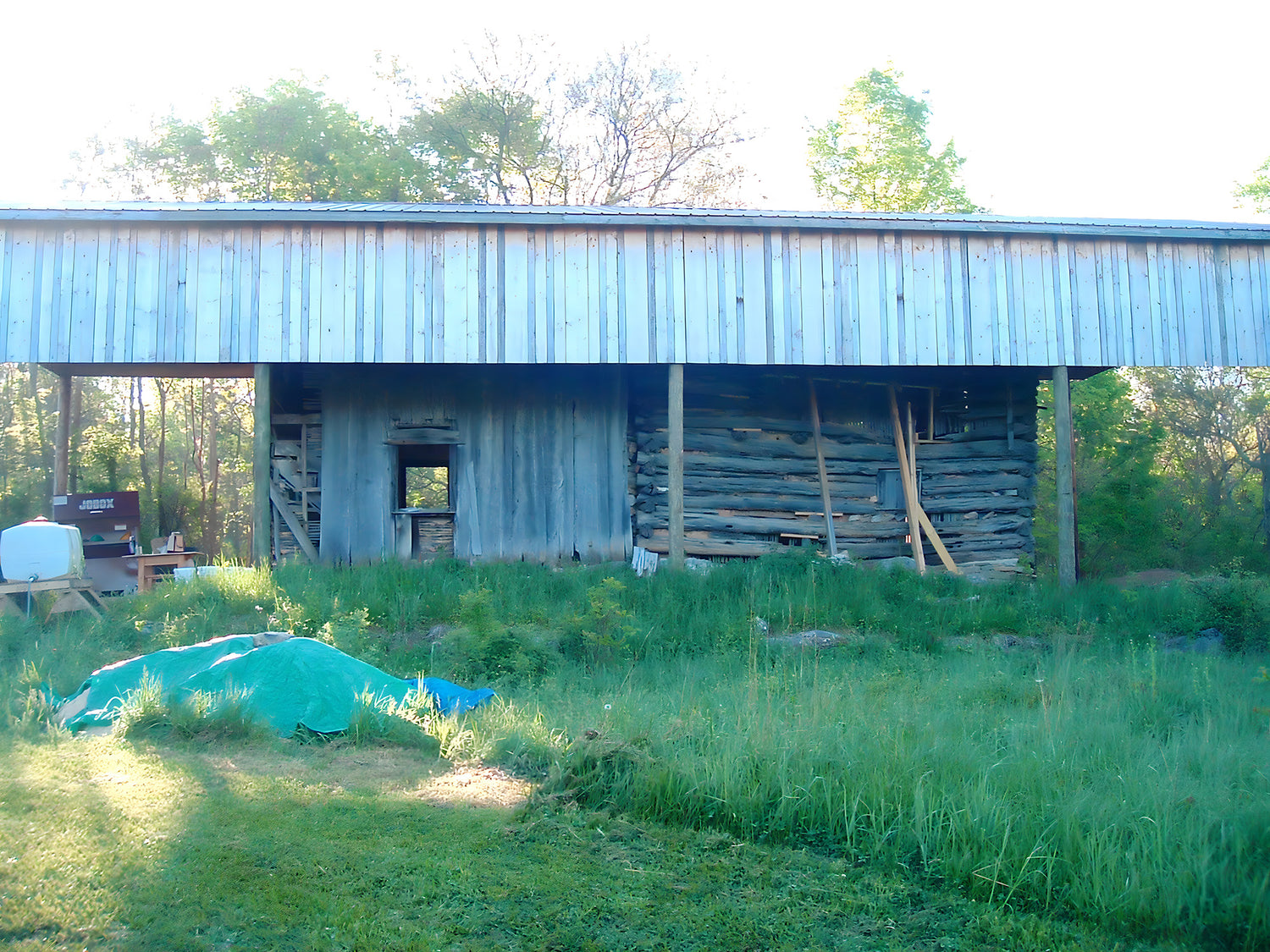 Wooden shed with metal roof in a grassy area with trees in the background