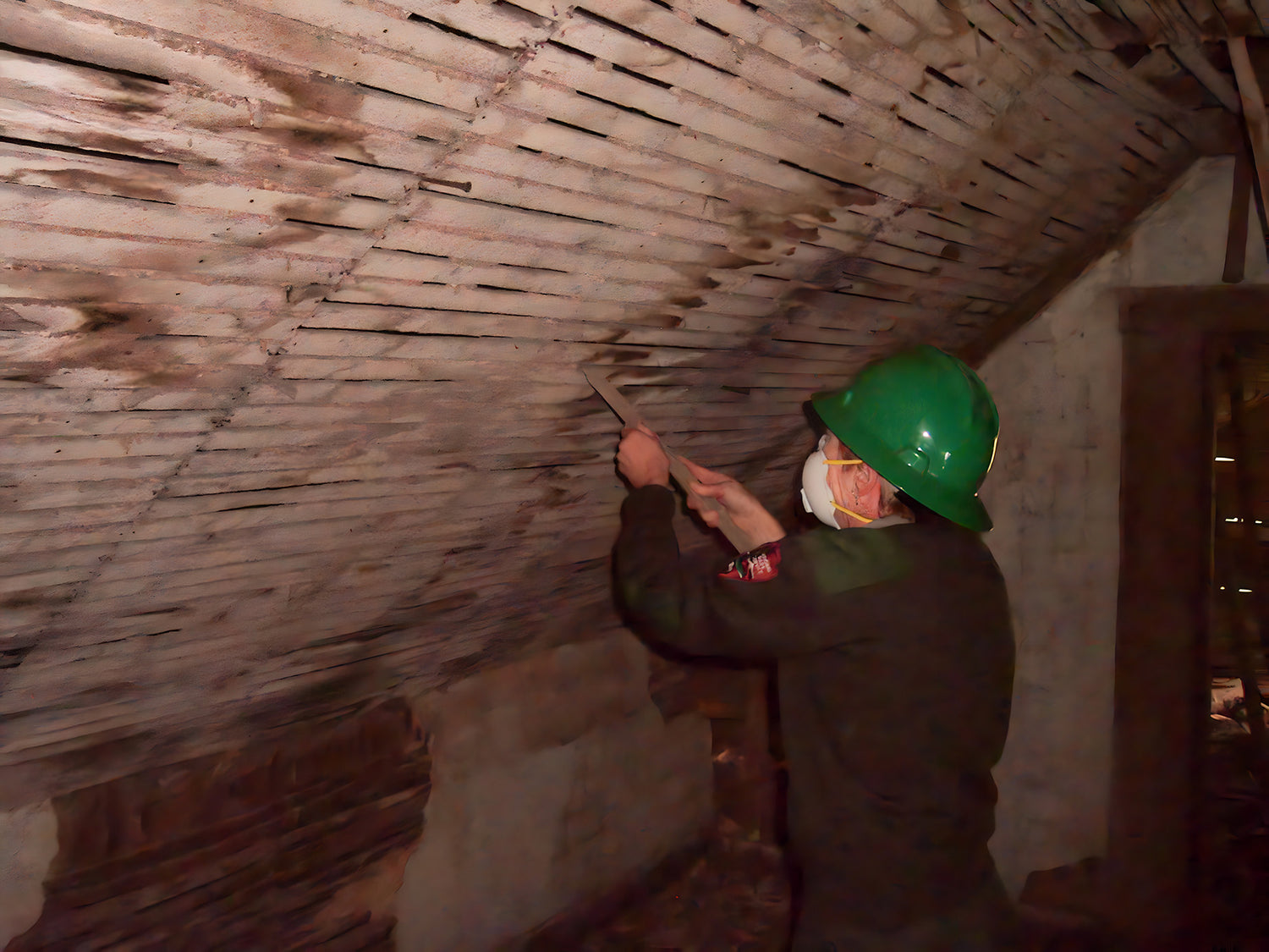 Person wearing a green helmet working on a wooden ceiling.