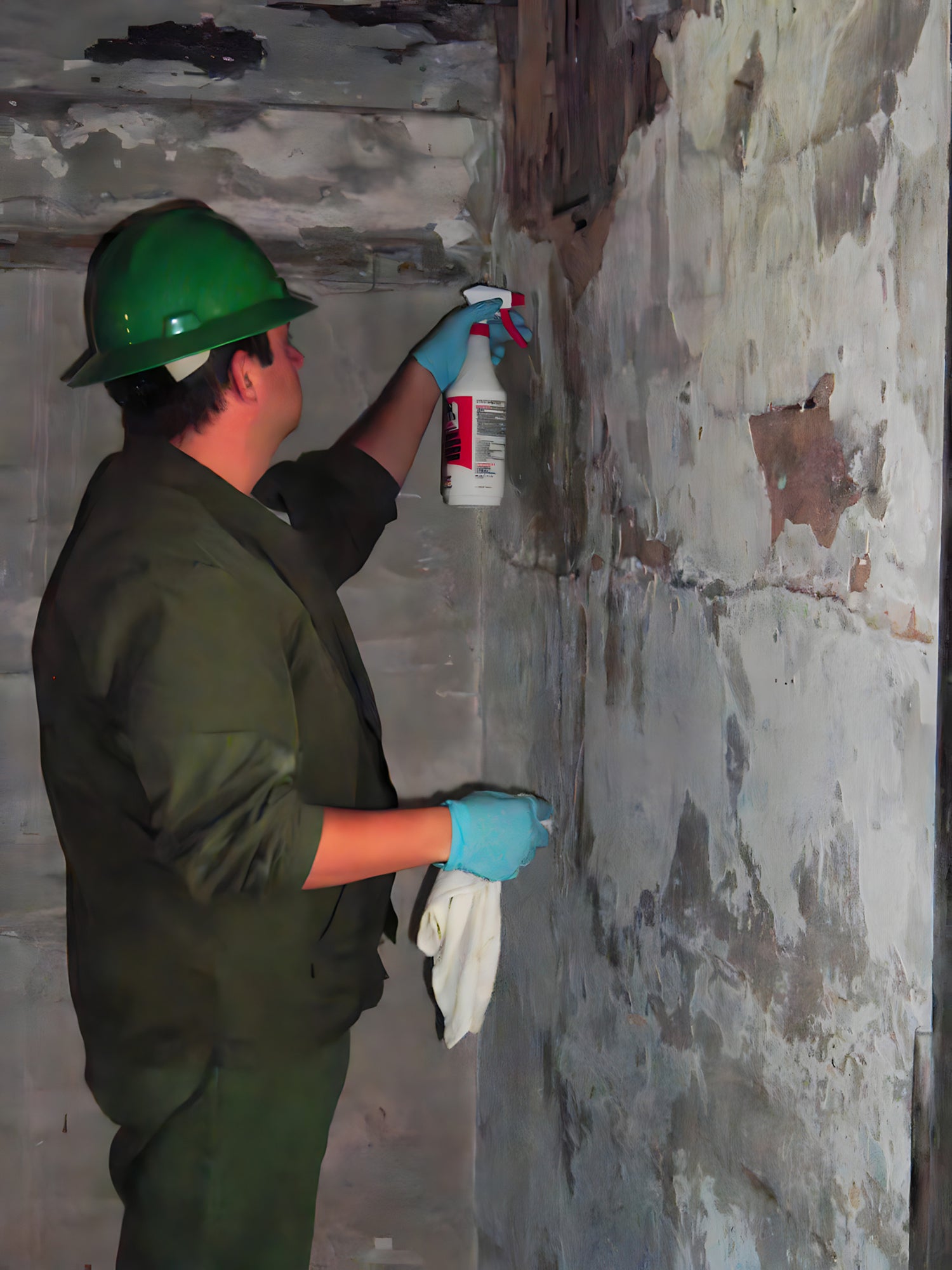 Person in a green hard hat and coveralls applying a substance to a wall.