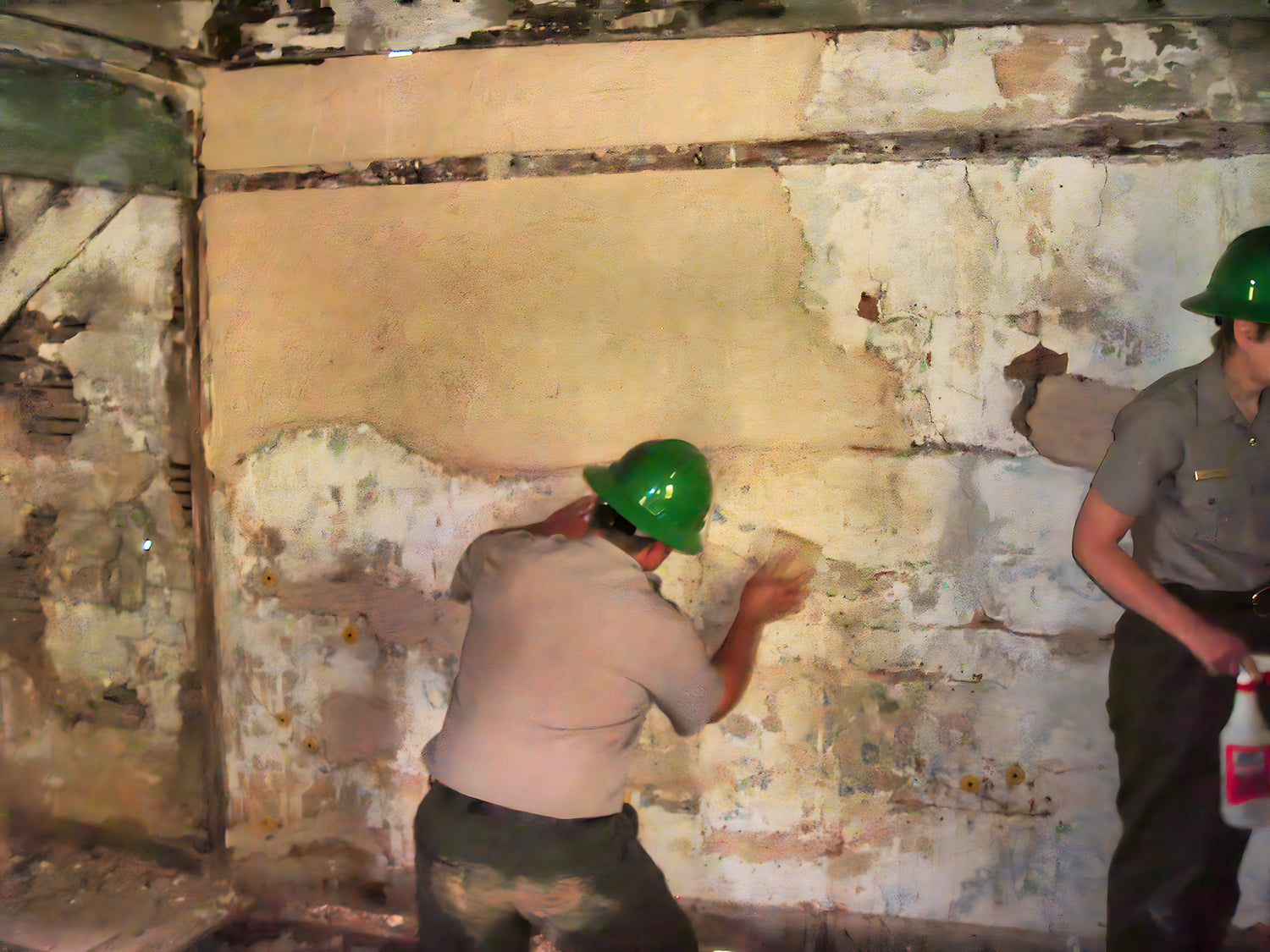 Two workers in a confined space, one applying material to the wall.