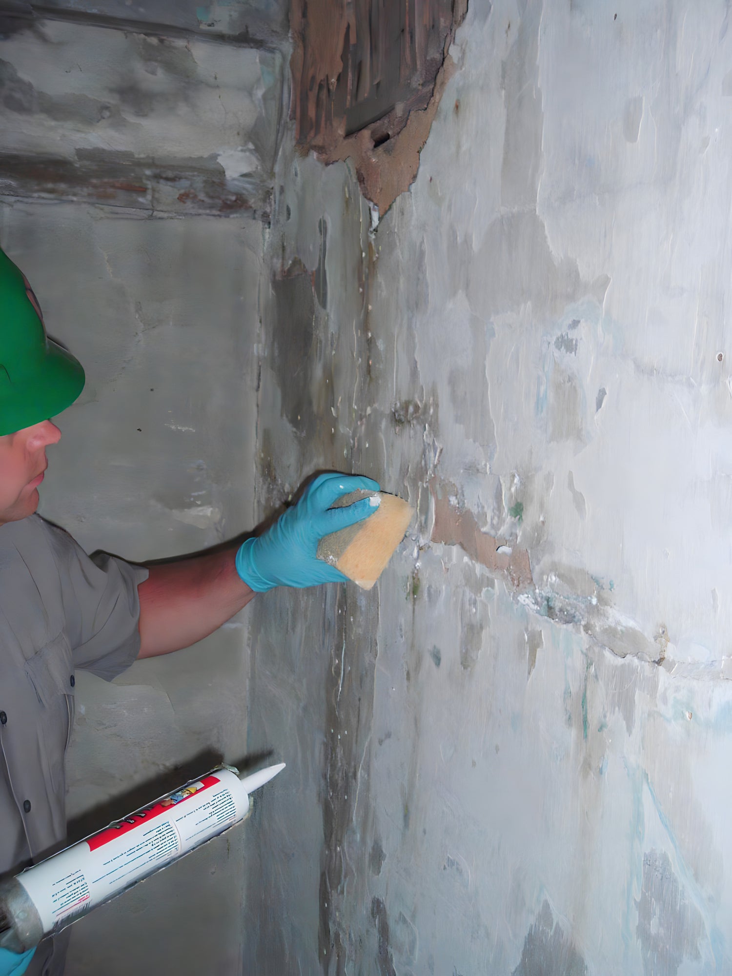 Person applying sealant to a wall with a sponge