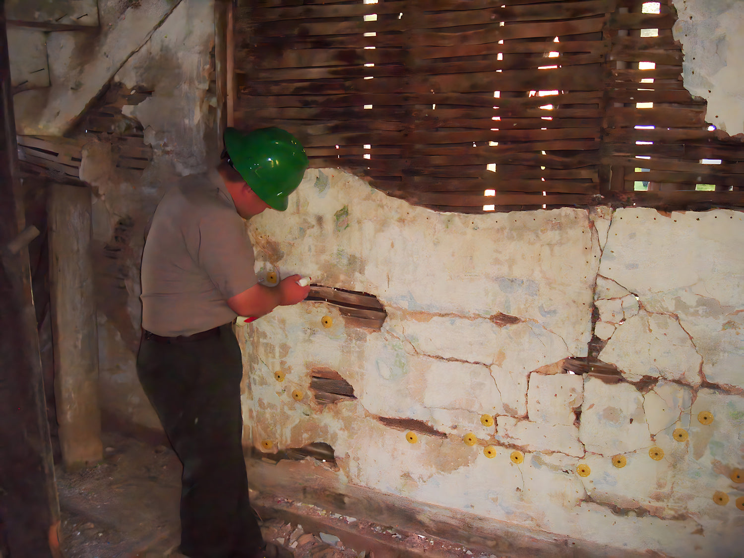 Person wearing a green helmet working on a wall with a rustic interior.